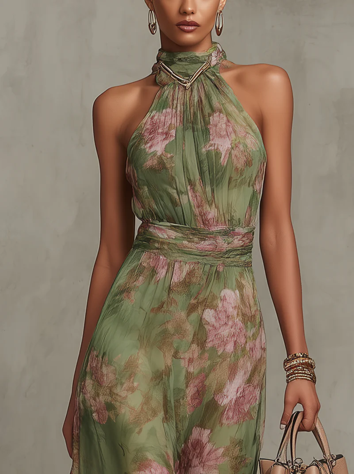 Maxi Chiffon Dress with Halter Neck and Floral Print