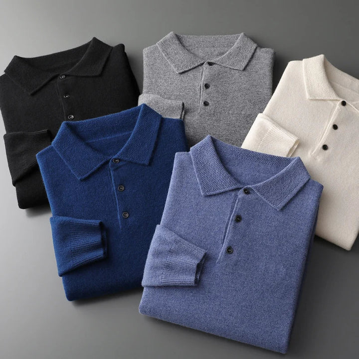 Men's Merino Polo Shirt with Three-Button Placket and Ribbed Trim