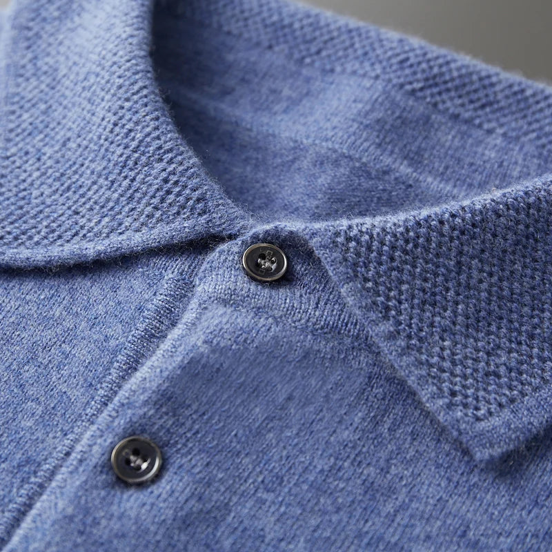 Men's Merino Polo Shirt with Three-Button Placket and Ribbed Trim