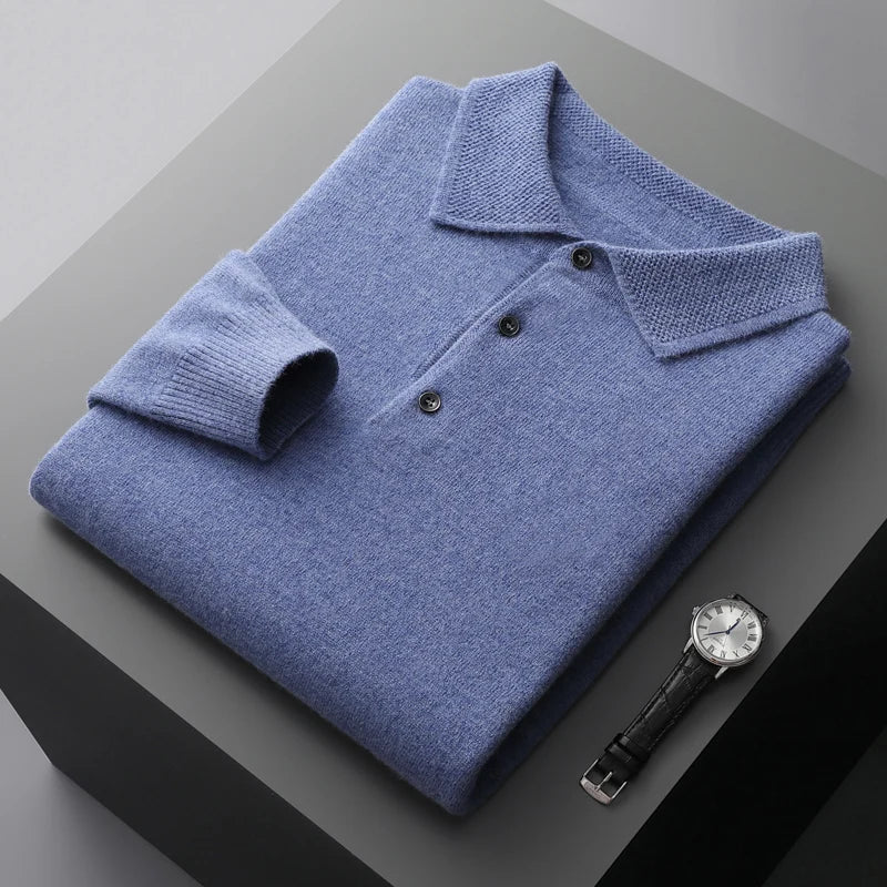 Men's Merino Polo Shirt with Three-Button Placket and Ribbed Trim