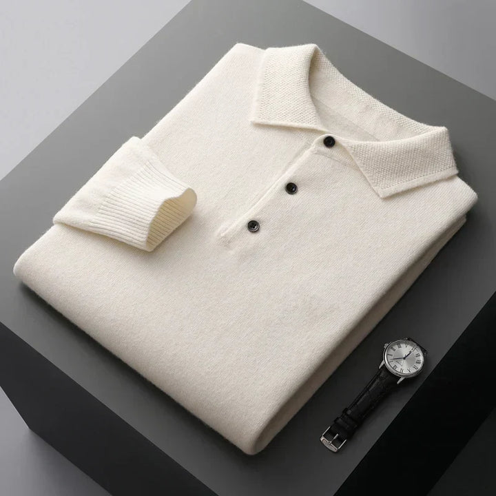 Men's Merino Polo Shirt with Three-Button Placket and Ribbed Trim