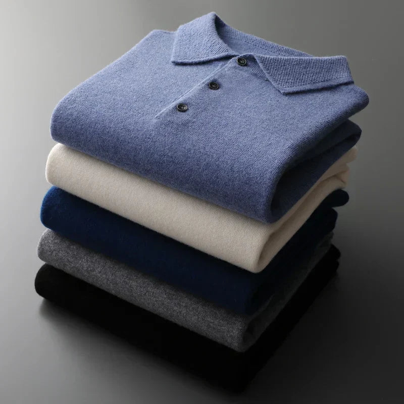 Men's Merino Polo Shirt with Three-Button Placket and Ribbed Trim