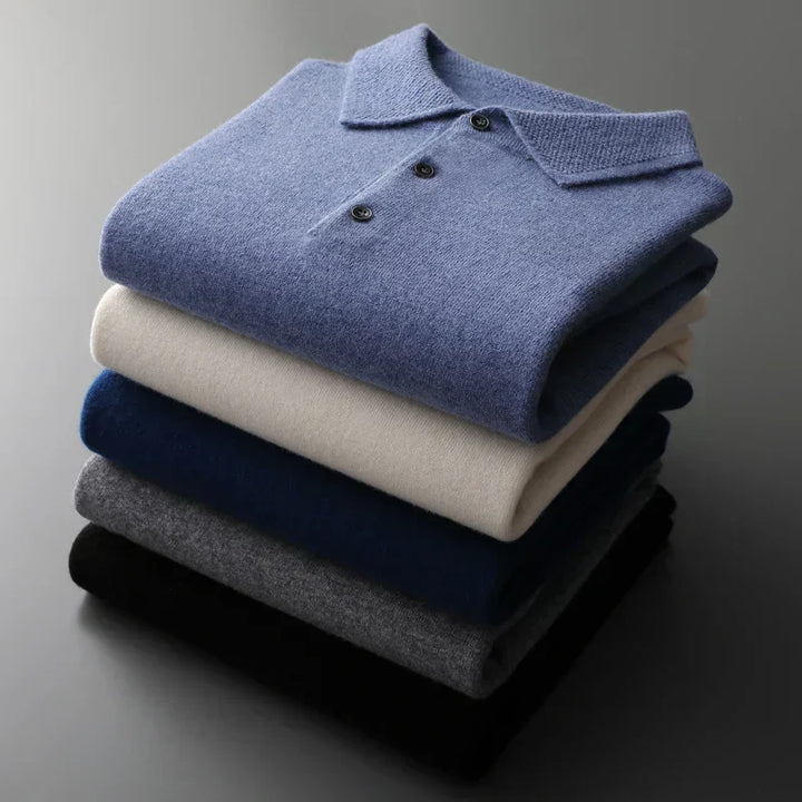 Men's Merino Polo Shirt with Three-Button Placket and Ribbed Trim