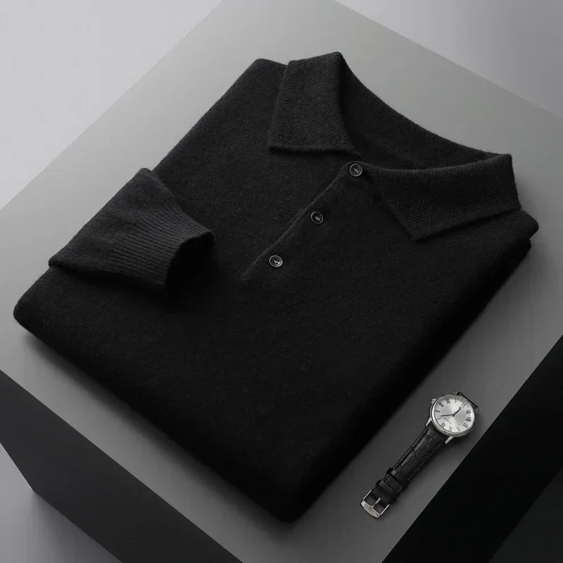 Men's Merino Polo Shirt with Three-Button Placket and Ribbed Trim