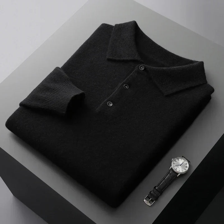 Men's Merino Polo Shirt with Three-Button Placket and Ribbed Trim