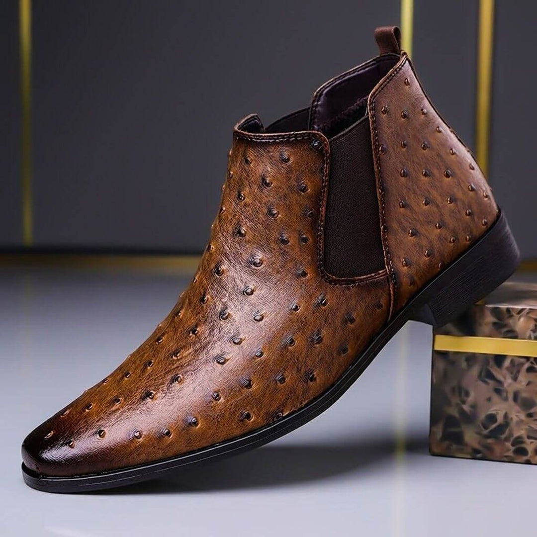 Men's Ostrich-Embossed Leather Chelsea Ankle Boots Slip-On