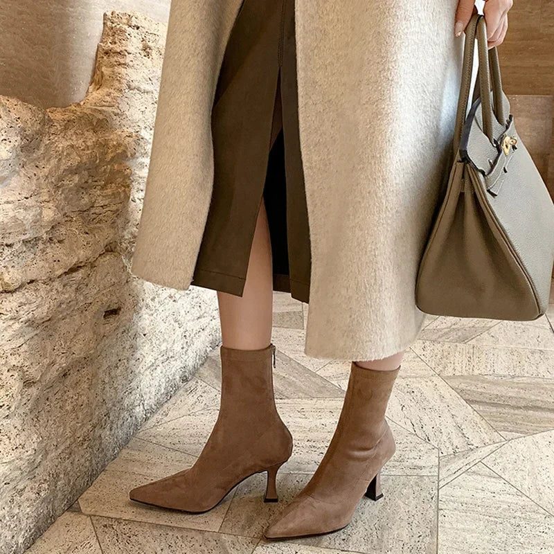 Block Heel Ankle Boots with Pointed Toe for Women