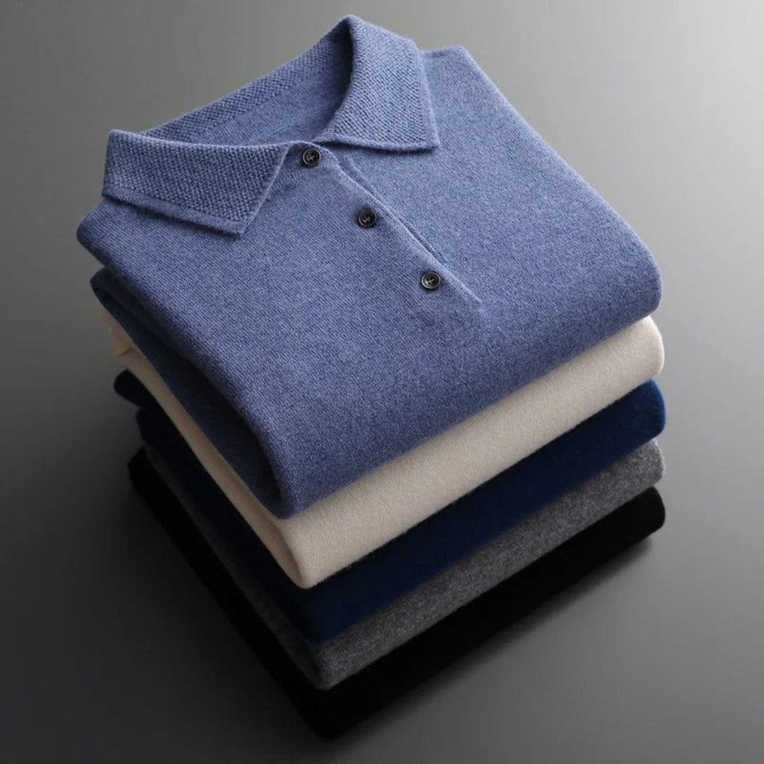 Cashmere Knit Jumper with Polo Neck and Long Sleeves for Men
