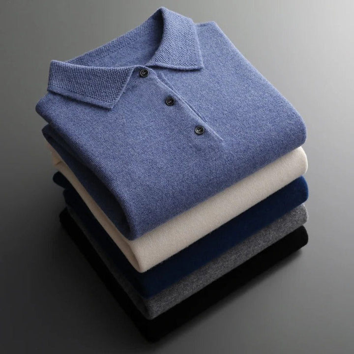 Cashmere Knit Jumper with Polo Neck and Long Sleeves for Men