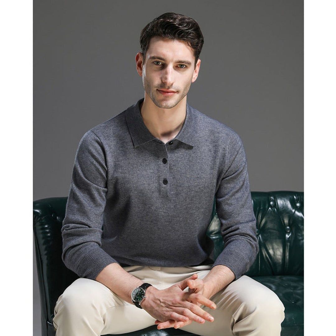 Cashmere Knit Jumper with Polo Neck and Long Sleeves for Men