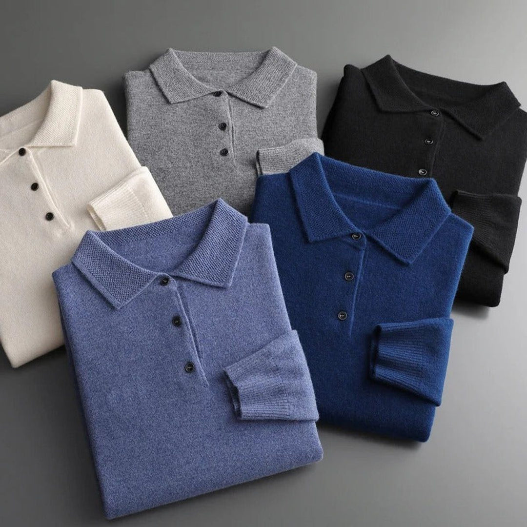 Cashmere Knit Jumper with Polo Neck and Long Sleeves for Men