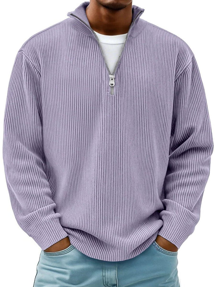 Ribbed Knit Quarter-Zip Jumper with Stand Collar for Men