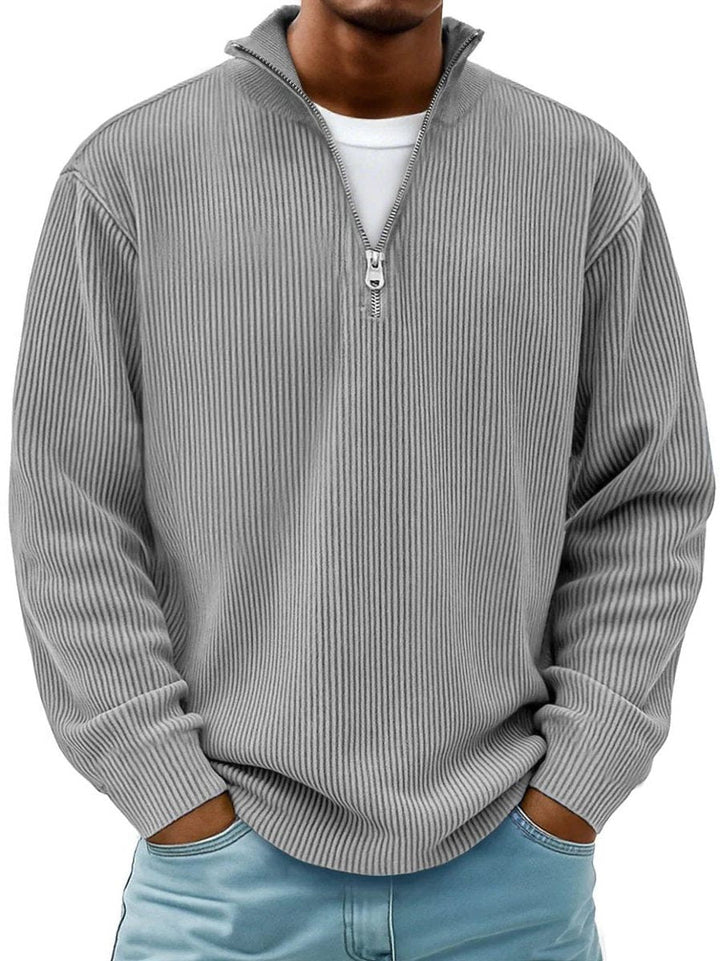 Ribbed Knit Quarter-Zip Jumper with Stand Collar for Men