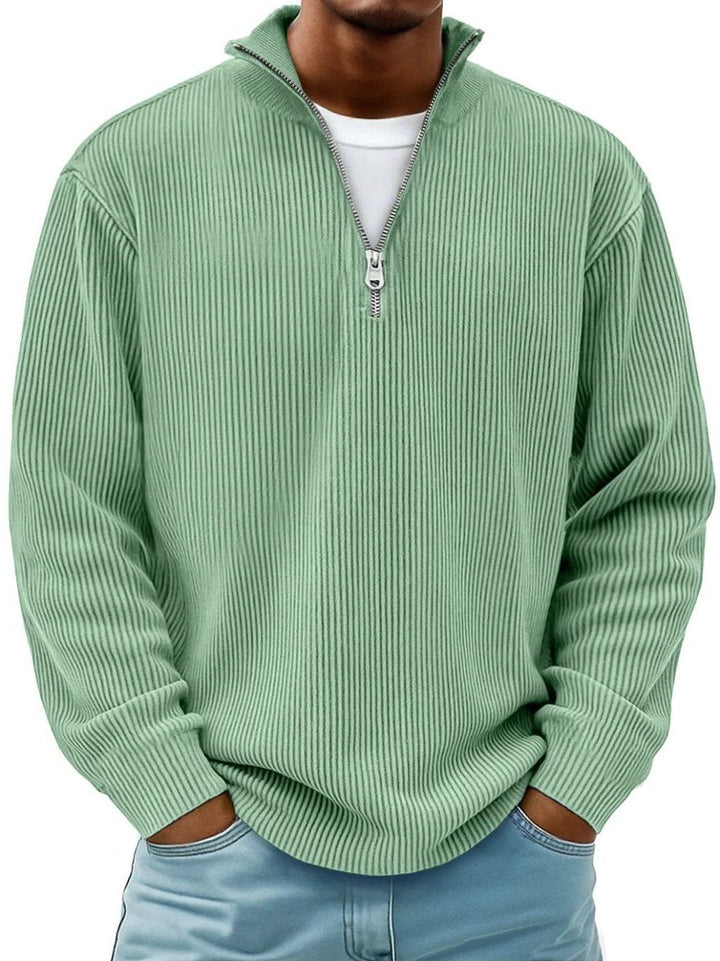 Ribbed Knit Quarter-Zip Jumper with Stand Collar for Men