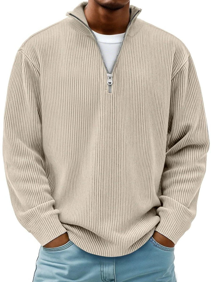 Ribbed Knit Quarter-Zip Jumper with Stand Collar for Men