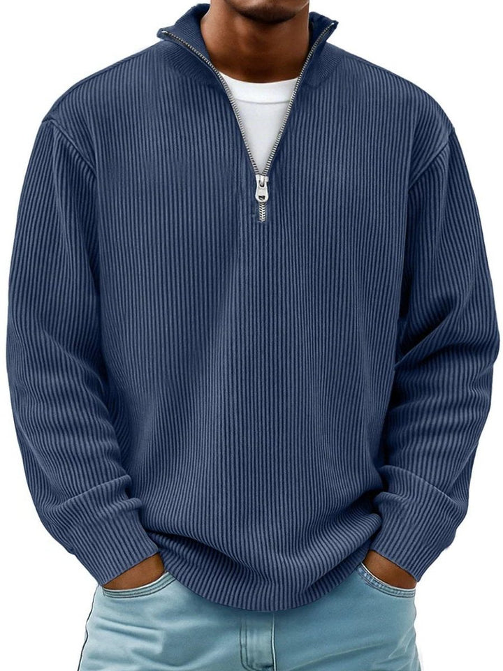 Ribbed Knit Quarter-Zip Jumper with Stand Collar for Men
