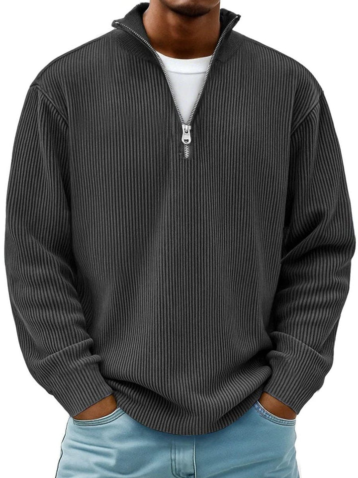 Ribbed Knit Quarter-Zip Jumper with Stand Collar for Men