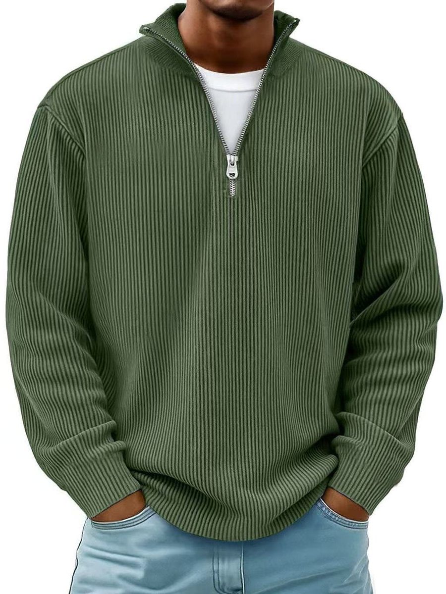 Ribbed Knit Quarter-Zip Jumper with Stand Collar for Men