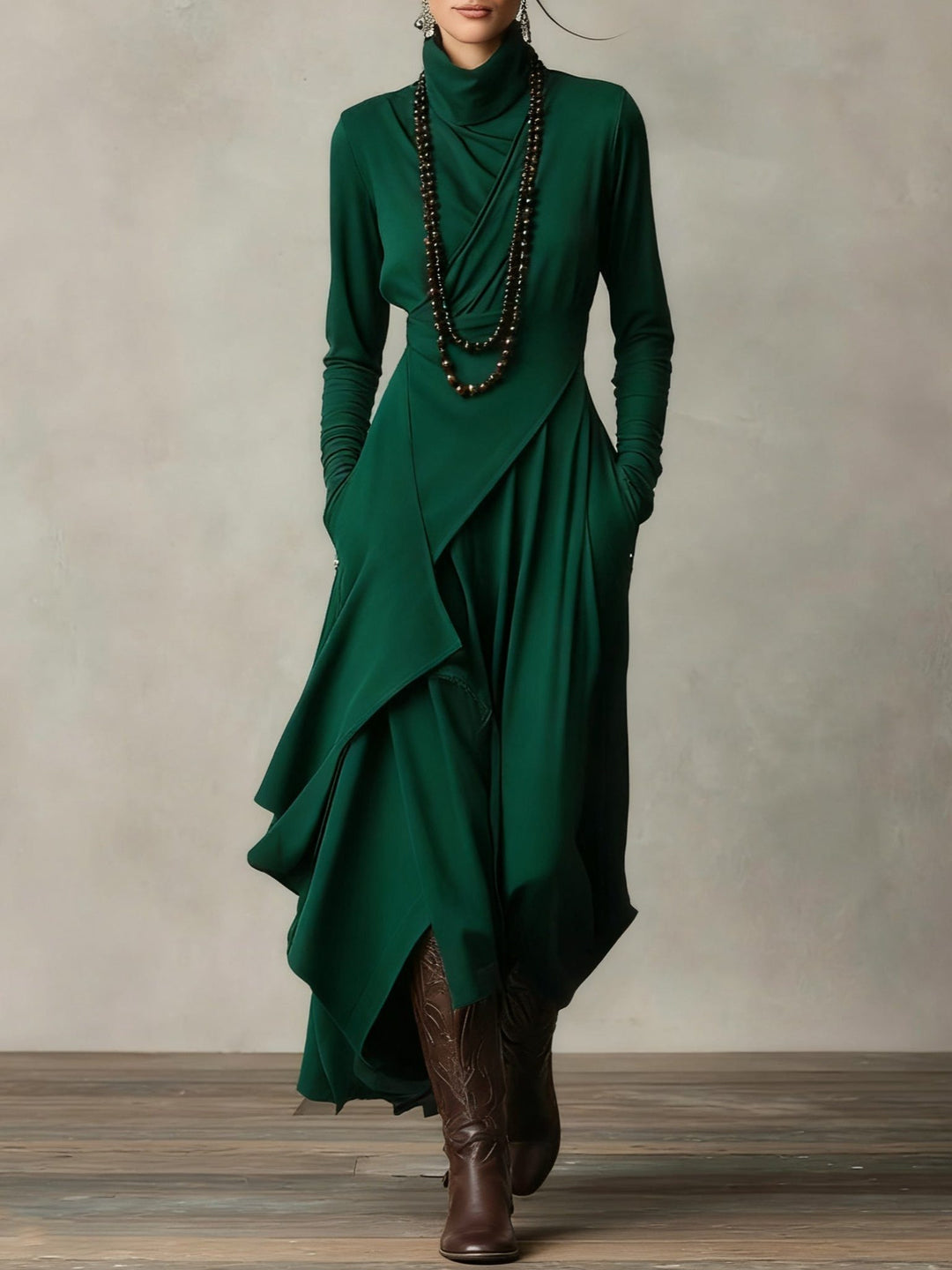 Winter Maxi Dress with Roll Neck and Long Sleeves for Women