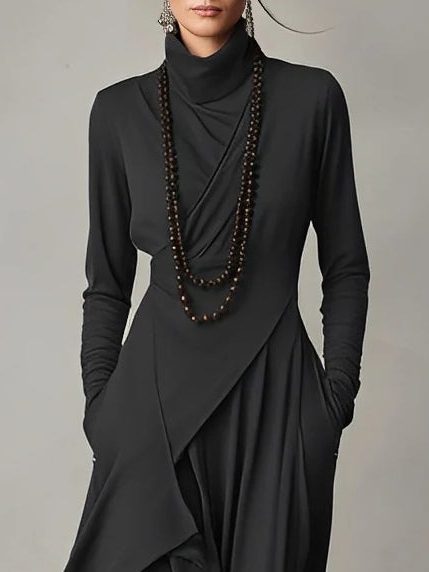 Winter Maxi Dress with Roll Neck and Long Sleeves for Women