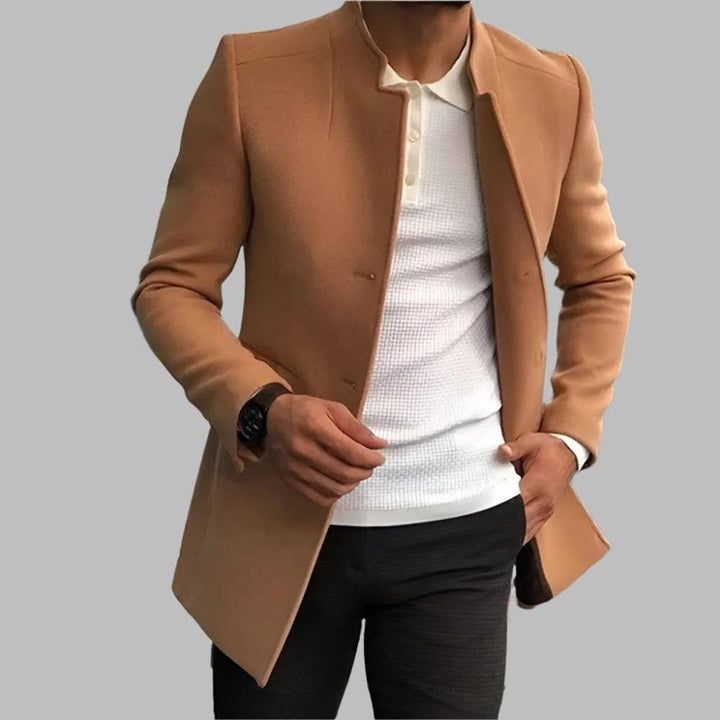 Wool Slim Fit Coat with Stand Collar for Men