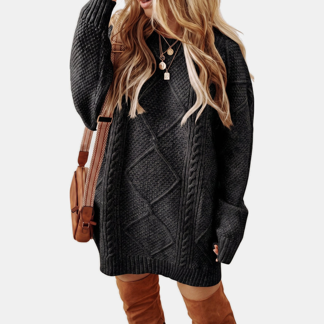 Women's Long Sleeve Oversized Cable Knit Sweater Dress, Crew Neck