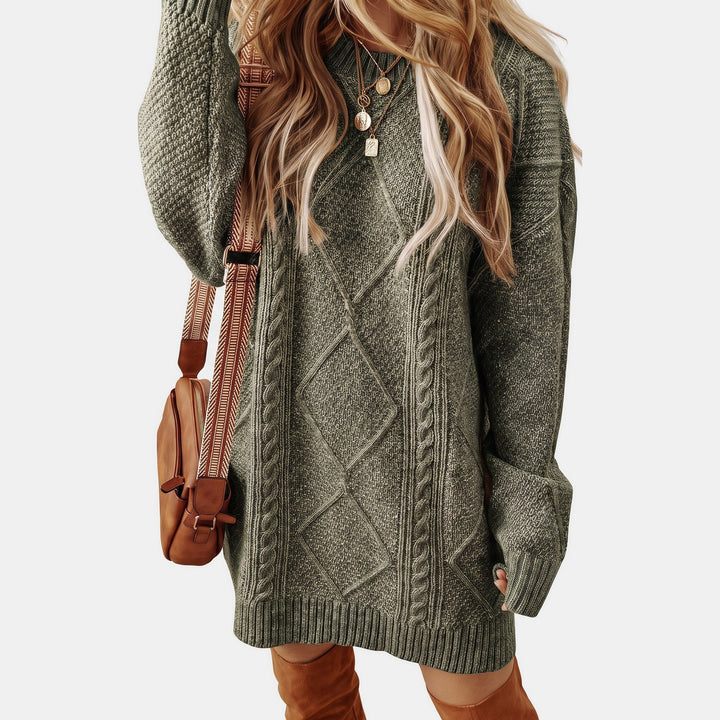 Women's Long Sleeve Oversized Cable Knit Sweater Dress, Crew Neck