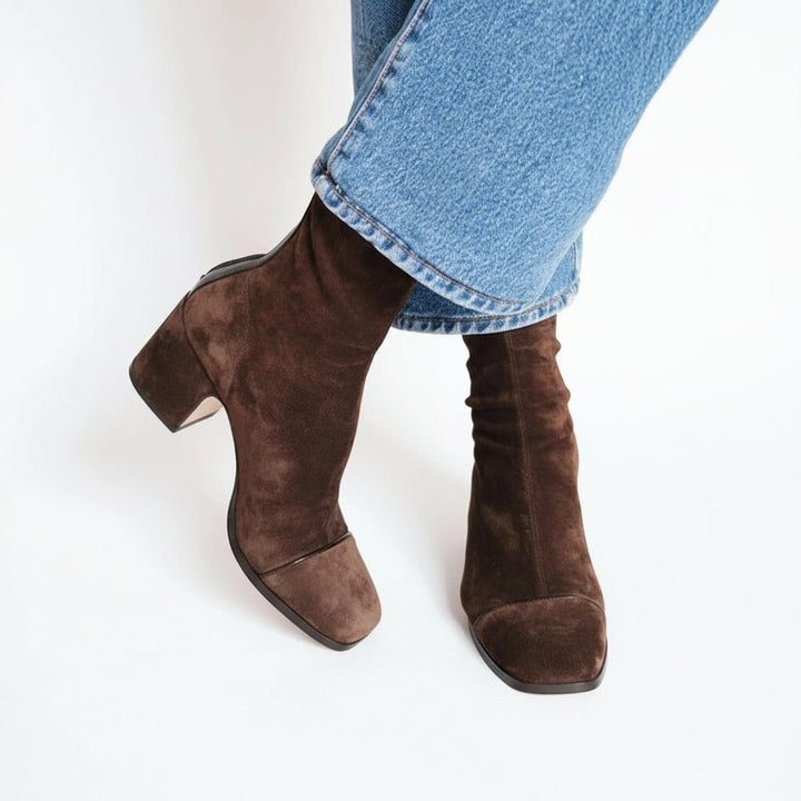 Suede Block Heel Ankle Boots with Square Toe for Women