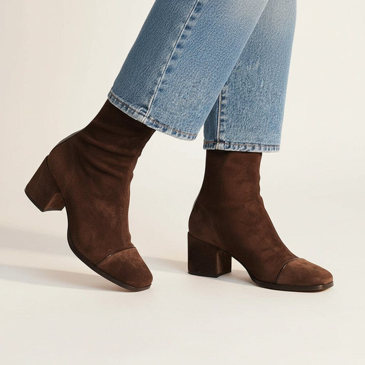 Suede Block Heel Ankle Boots with Square Toe for Women