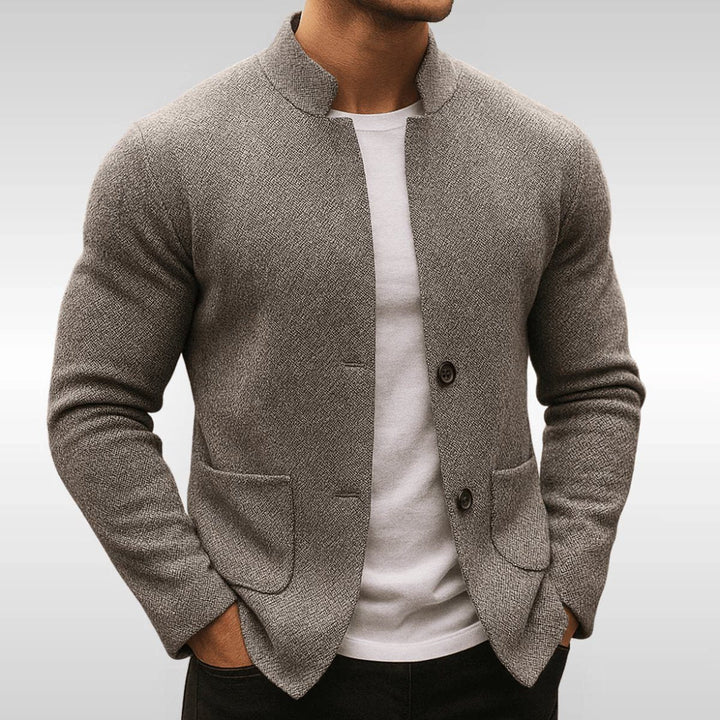 Knit Jacket with Stand Collar and Button-Front for Men