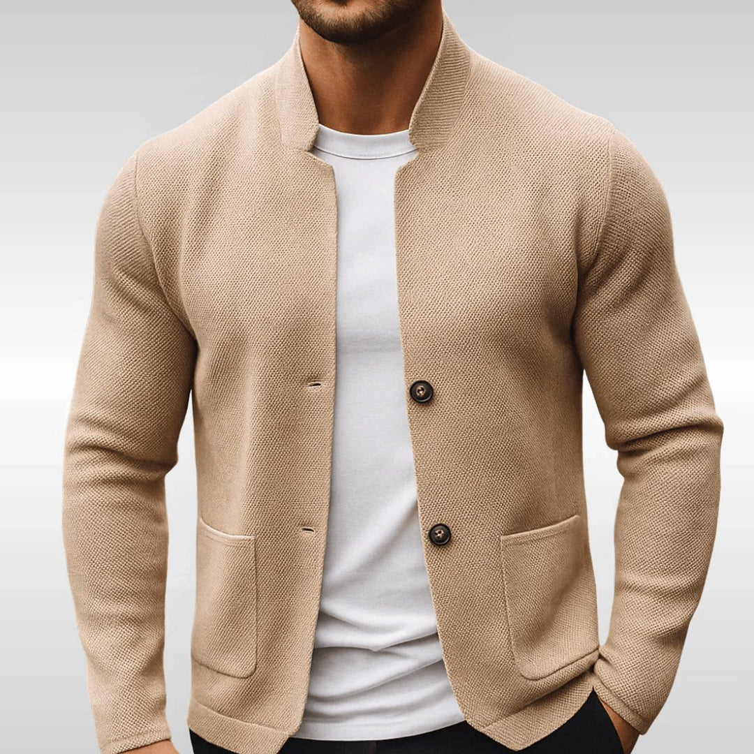Knit Jacket with Stand Collar and Button-Front for Men