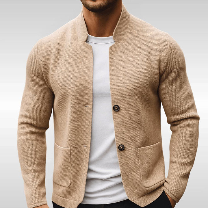 Knit Jacket with Stand Collar and Button-Front for Men