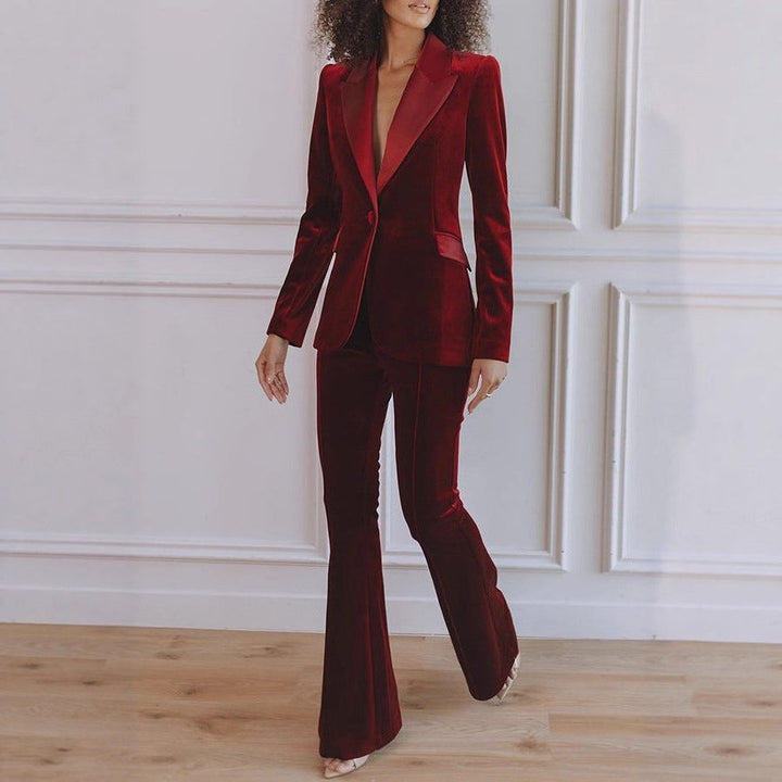 Velvet Blazer Set with Flared Trousers for Women