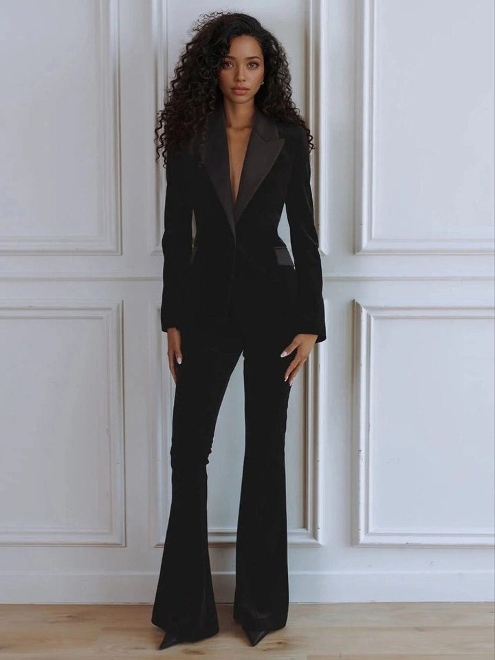 Velvet Blazer Set with Flared Trousers for Women