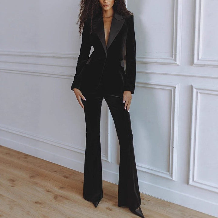 Velvet Blazer Set with Flared Trousers for Women