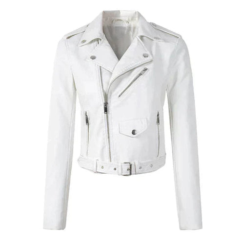 Aria | Women's Cropped Moto Faux Leather Jacket Belted Biker