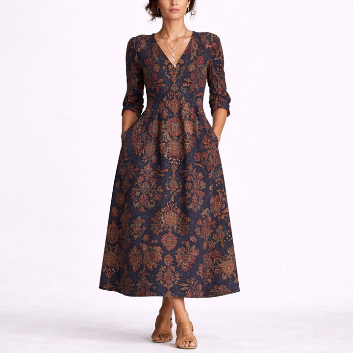 Charlotte | Women's Fall Wedding Guest Dresses Floral Linen Maxi Dress V-Neck