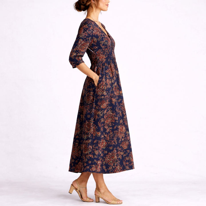 Charlotte | Women's Fall Wedding Guest Dresses Floral Linen Maxi Dress V-Neck