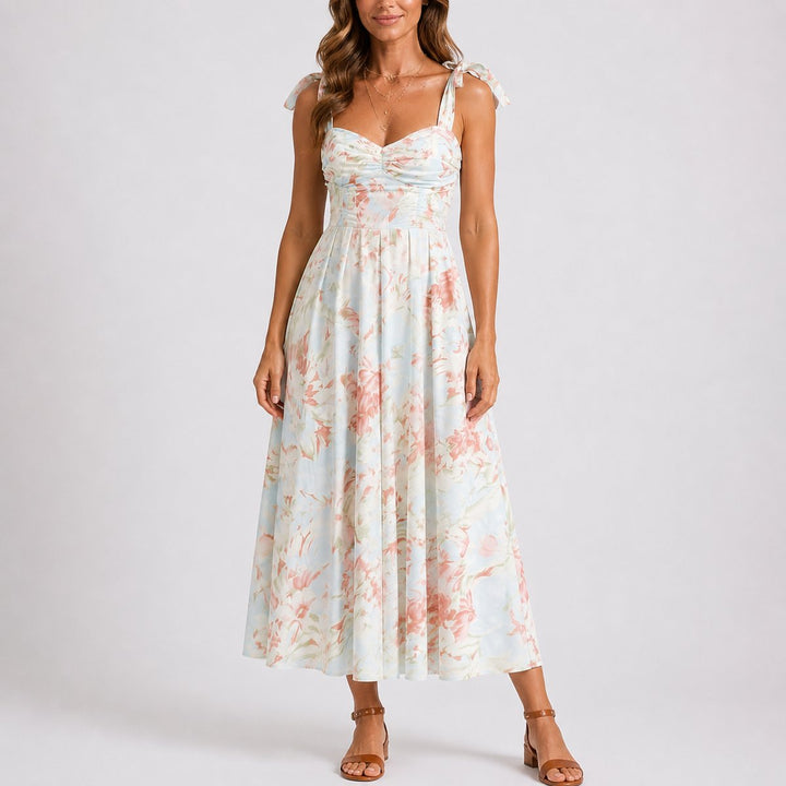 Mia | Women's Fall Wedding Guest Dresses Floral Ruched Tie-Shoulder Midi Dress