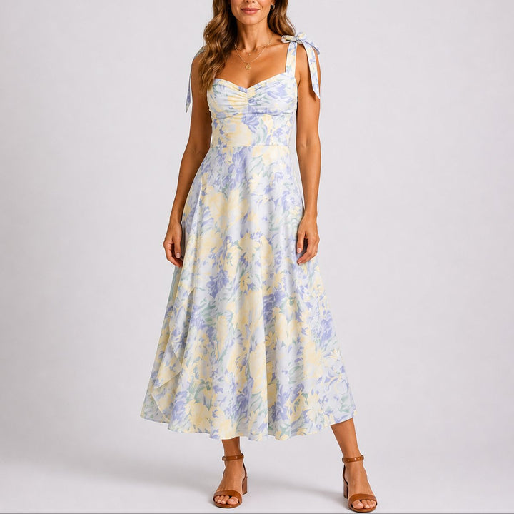 Mia | Women's Fall Wedding Guest Dresses Floral Ruched Tie-Shoulder Midi Dress