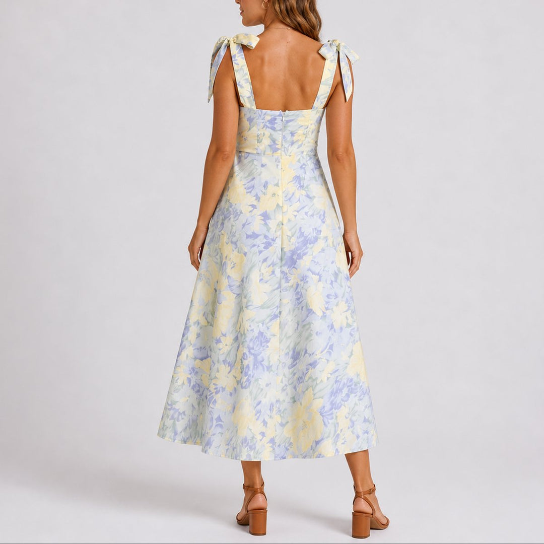 Mia | Women's Fall Wedding Guest Dresses Floral Ruched Tie-Shoulder Midi Dress