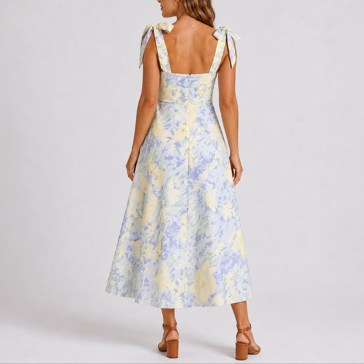 Mia | Women's Fall Wedding Guest Dresses Floral Ruched Tie-Shoulder Midi Dress