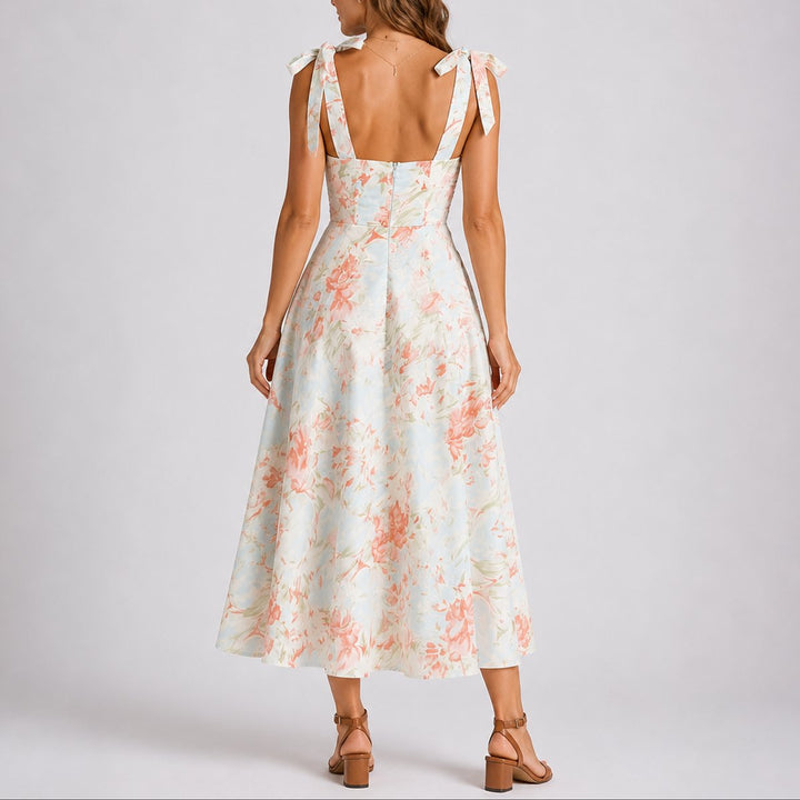 Mia | Women's Fall Wedding Guest Dresses Floral Ruched Tie-Shoulder Midi Dress