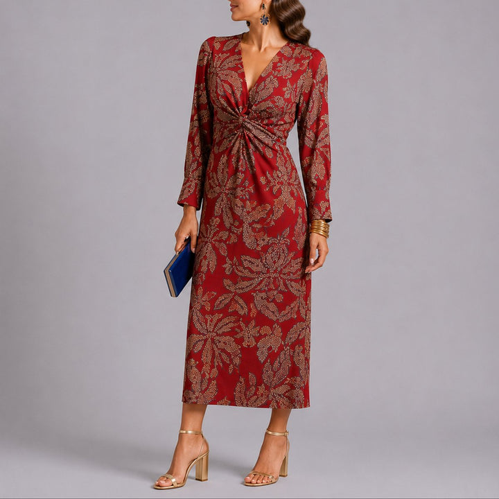 Eleanor | Women's Fall Wedding Guest Dresses Twist-Front V-Neck Floral Midi Dress