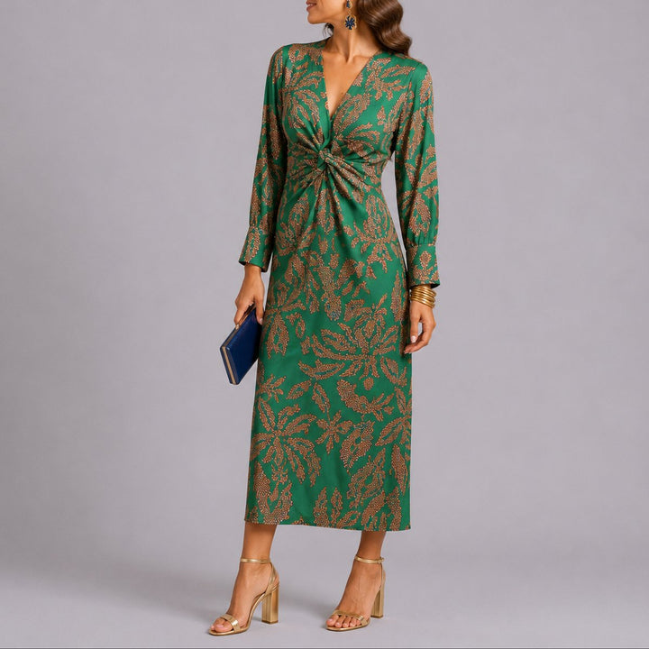 Eleanor | Women's Fall Wedding Guest Dresses Twist-Front V-Neck Floral Midi Dress