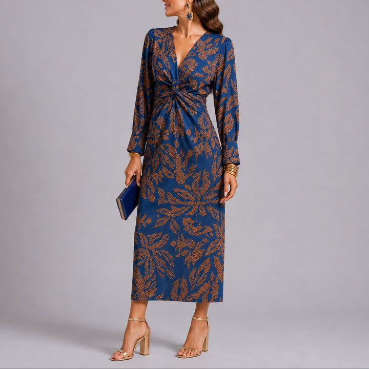 Eleanor | Women's Fall Wedding Guest Dresses Twist-Front V-Neck Floral Midi Dress