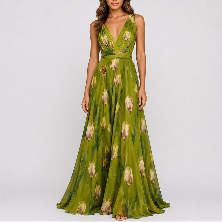 Isabella | Women's Floral Chiffon V-Neck Fall Wedding Guest Maxi Dress