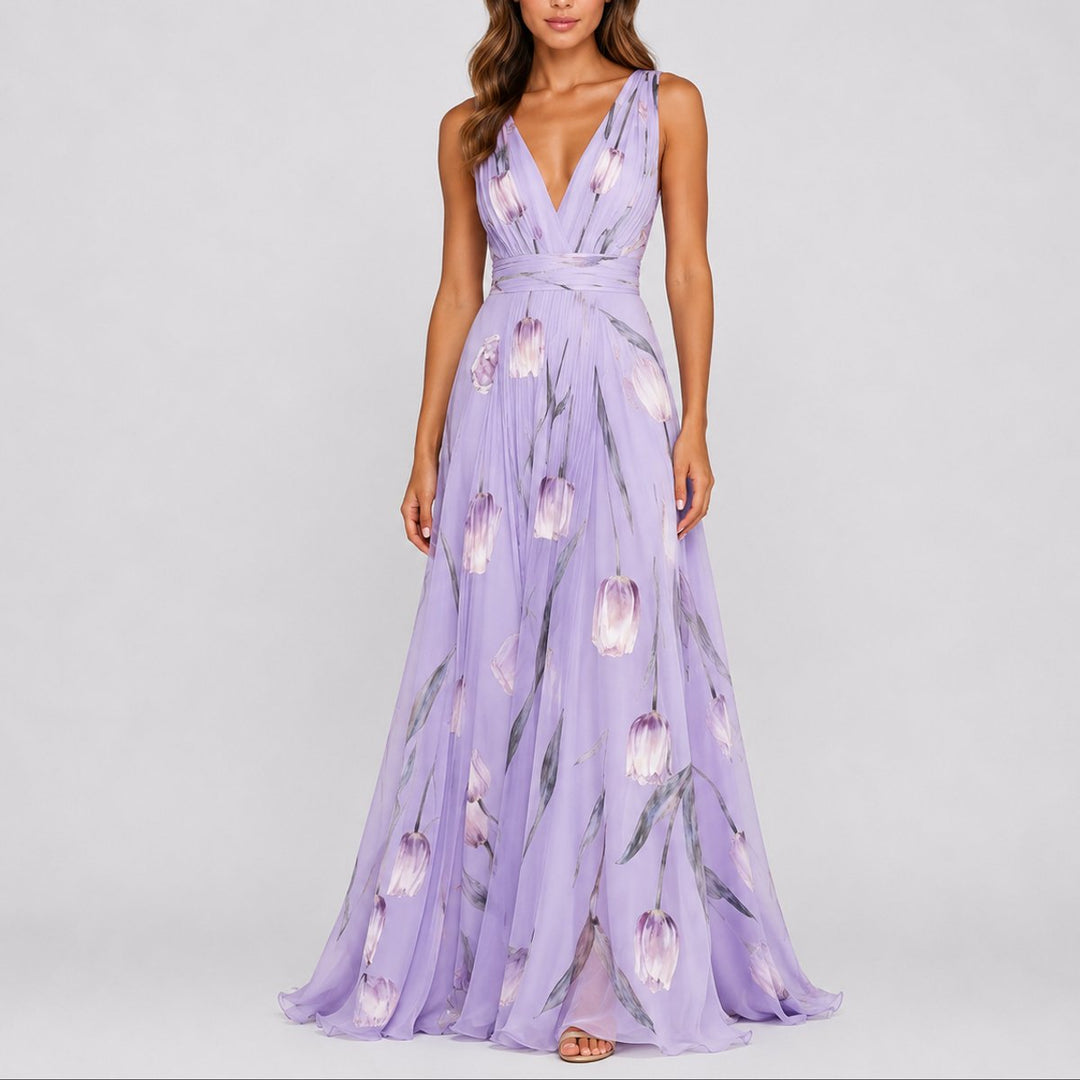 Isabella | Women's Floral Chiffon V-Neck Fall Wedding Guest Maxi Dress