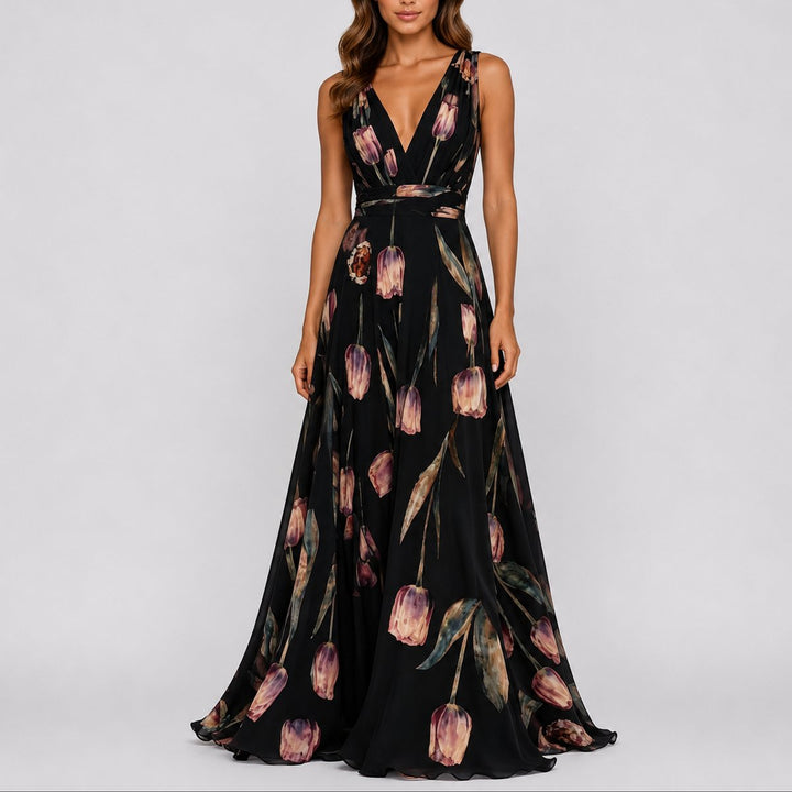 Isabella | Women's Floral Chiffon V-Neck Fall Wedding Guest Maxi Dress