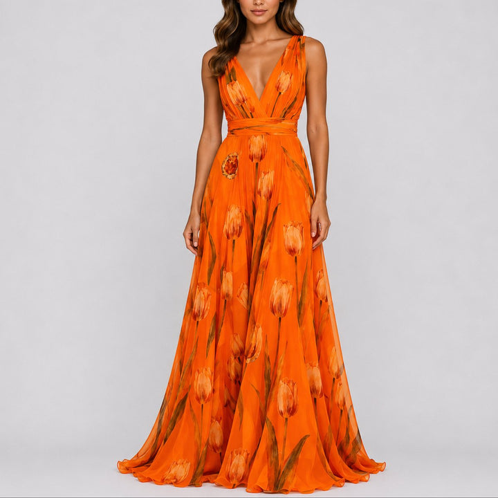 Isabella | Women's Floral Chiffon V-Neck Fall Wedding Guest Maxi Dress